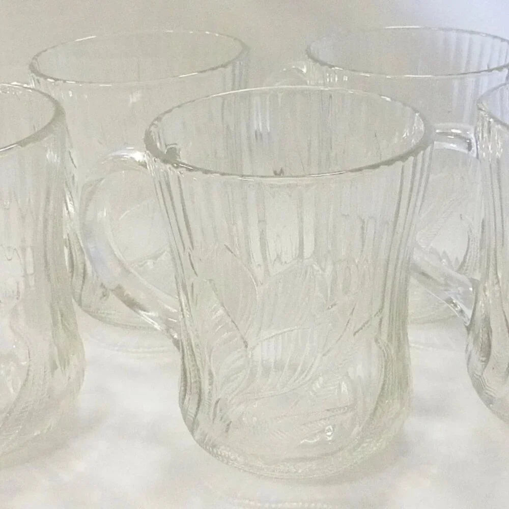 Vtg Arcoroc Canterbury crocus mug clear glass coffee cup ribbed France set‎ of 5